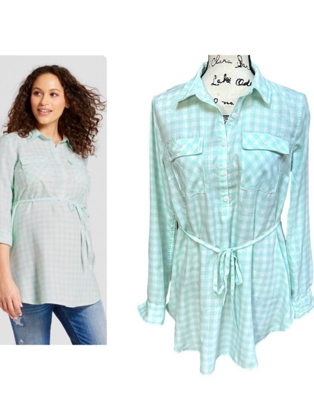 Isabel Maternity by Ingrid & Isabel Mint Green Plaid Popover Tunic Shirt Size XS